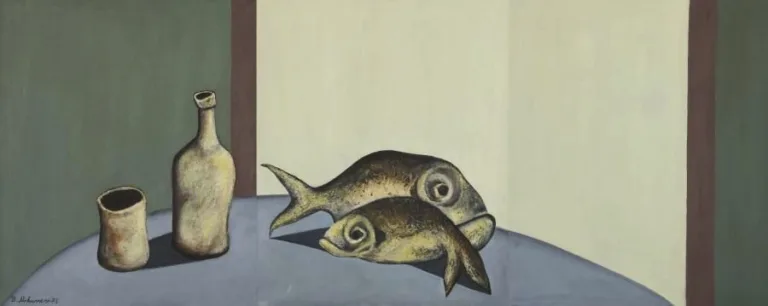 بهمن محصص - نقاشی (طبیعت بی جان با ماهی، گلدان و بطری، ~۱۳۵۲)